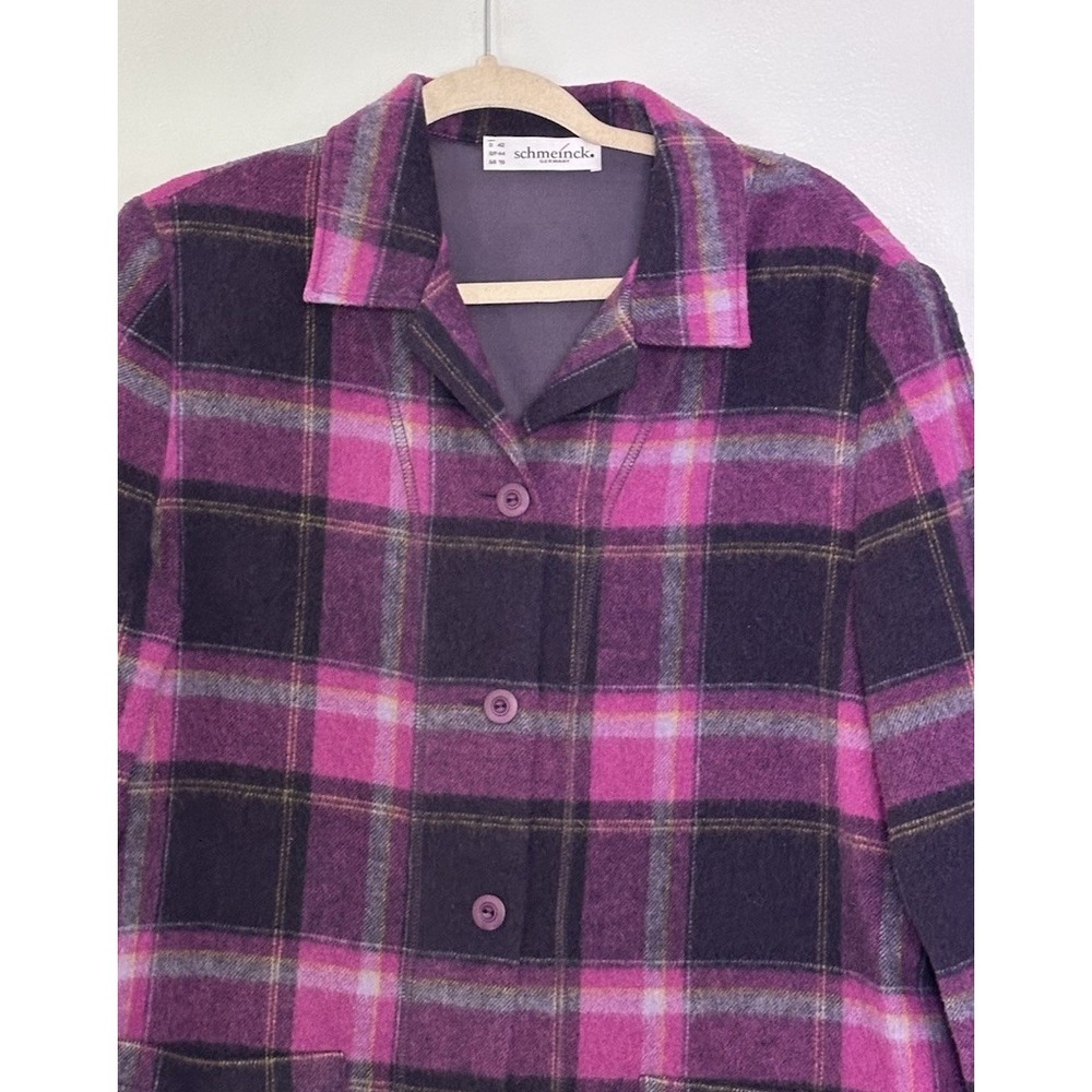 Schmeinck Jacket Womens 12 Purple Pink Plaid Wool Blend Coat Button Lightweight - Picture 2 of 11